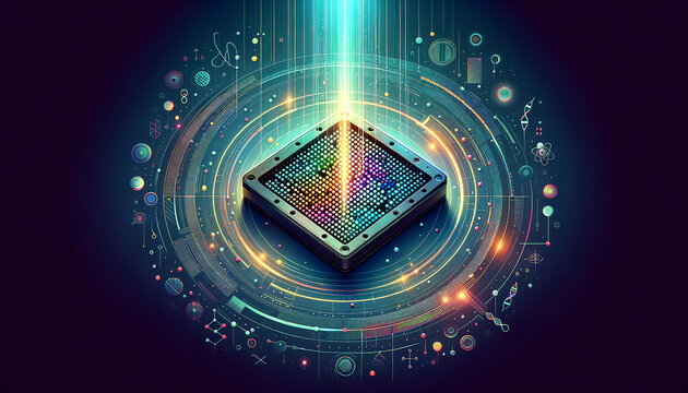Dynamic 3D microarray chip with colorful glowing dots representing genetic analysis.