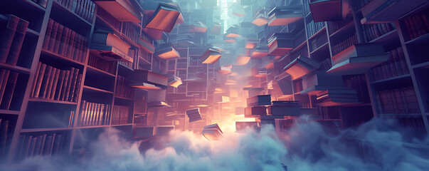 Enchanted library of floating books radiating a soft, magical glow in an ethereal space