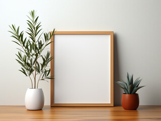 A picture frame resting against a white wall next to a plant, casual hippie feeling