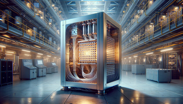 Cutting-edge quantum computer illustrating quantum decoherence in a sleek lab environment.