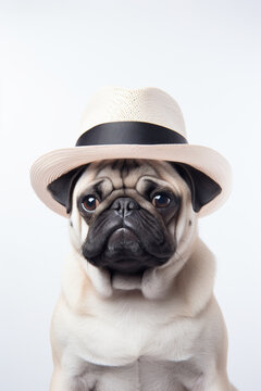 A Pug wearing a hat and glasses, looking at the camera