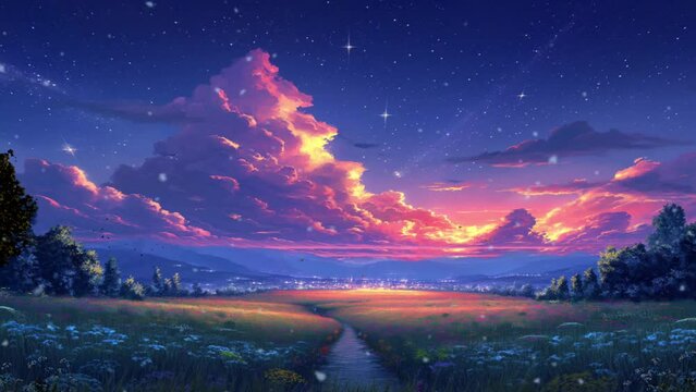 Sunset on blue sky. Blue sky with some clouds in summer skies looping animation video style