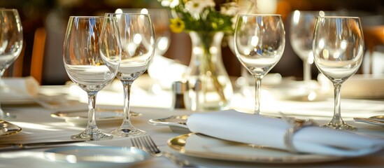 Elegant Catering Service with Exquisite Table Setting, Sparkling Glass, and Delicate Goblets - Perfect for Fine Dining Experience with Premium Cutlery