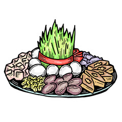 Spring Persian celebration of Nowruz with traditional green weeds, sweets, fruits table decoration. Hand drawn retro vintage colorful illustration. Old school style drawing.