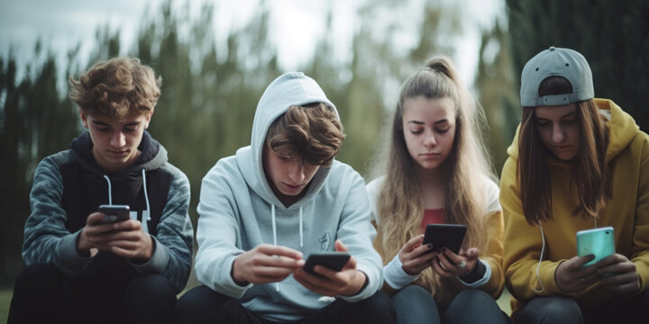 Group Of Teenage Friends Using Smart Mobile Phones. Teenagers Addiction To New Technology Trends