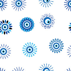 Evil eye Heavenly seamless pattern with suns, moons, stars, palms. For textiles, souvenirs, household goods.