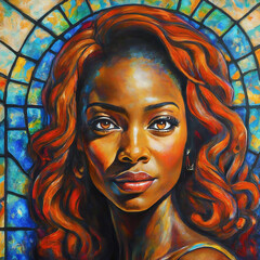 Painterly portrait of beautiful young black woman with long orange hair and slight asymmetry of eyelashes, framed by a stained glass window in the background - obrazy, fototapety, plakaty