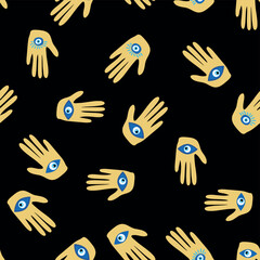 Evil eye Heavenly seamless pattern with suns, moons, stars, palms. For textiles, souvenirs, household goods.