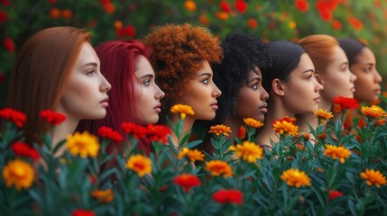 Women lined up in a flower garden. The strength and resilience of women around the world. International Women's Day. - obrazy, fototapety, plakaty