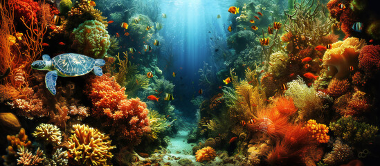 Obraz na płótnie Canvas Sea Turtle Gliding Through a Vibrant Tropical Coral Reef Ecosystem