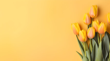 bunch of yellow and orange tulips flowers on decent light orange pastel background - the background offers space for text - obrazy, fototapety, plakaty