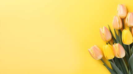 beautiful bunch of ember, yellow tulips flowers on decent light yellow background - the background offers lots of space for text	 - obrazy, fototapety, plakaty