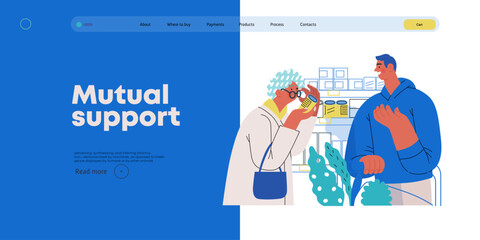 Mutual Support: Helping a visually impaired person -modern flat vector concept illustration of man offering to read label for woman in supermarket A metaphor of voluntary, collaborative exchanges