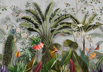 pattern wallpaper tropical plants with peacock background with trees plants and birds in a gray background.jpg