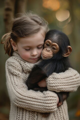 A young girl in a chunky beige knitted sweater, hugs a baby chimpanzee. conveys a bond of affection, suitable for themes of friendship and conservation animal human bond.
