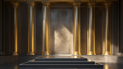 Luxurious podium with empty space for product, made of marble and golden materials, in the spirit of opulence and luxury for product promotion.