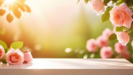 Podium, stand, with a place to copy, on a blurred background with peach rose flowers, in sunlight. floral background with copy space