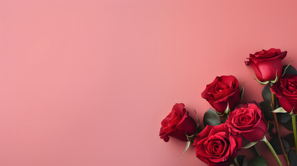close up of beautiful red roses flowers on decent light red background - the empty background offers lots of space for text