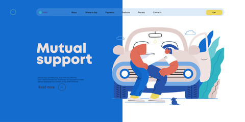 Mutual Support: Adopting a stray animal -modern flat vector concept illustration of man stopping his car for a kitten on the road A metaphor of voluntary, collaborative exchanges of resource, services