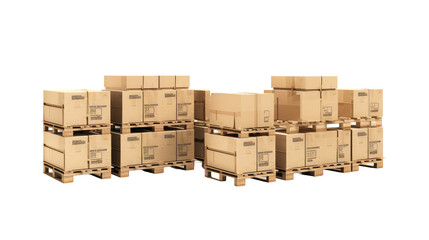 Cardboard boxes on pallets on white or transparent background