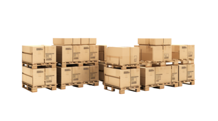 Cardboard boxes on pallets on white or transparent background