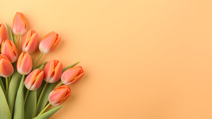 orange tulips flowers on decent light orange pastel background - the background offers lots of space for text	 - obrazy, fototapety, plakaty