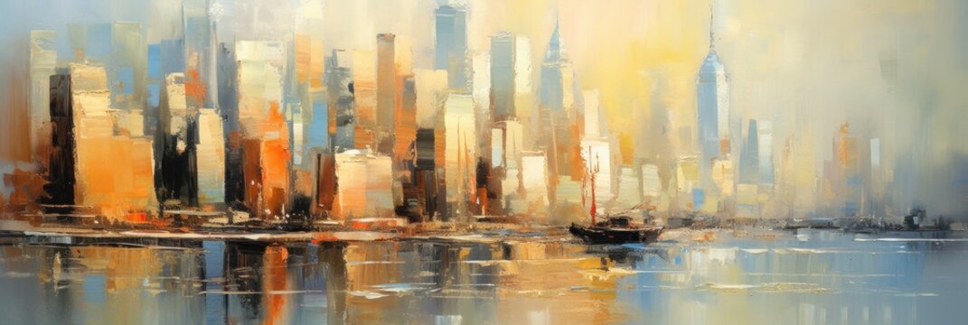 A Painting of a American City With Tall Buildings, New York abstract painting style illustration