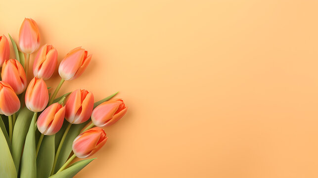 orange tulips flowers on decent light orange pastel background - the background offers lots of space for text	