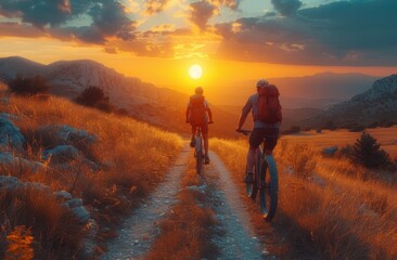 Obraz premium A Couple Riding Bikes Down a mountain Road