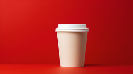 template of white paper coffee cup on neat red background with lots of space for text