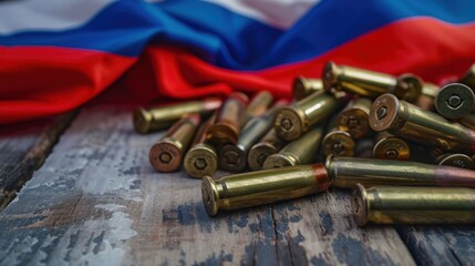 A Pile of Bullet Shells on a Wooden Table in front of Russian flag, aggressor and geopolitics concept
