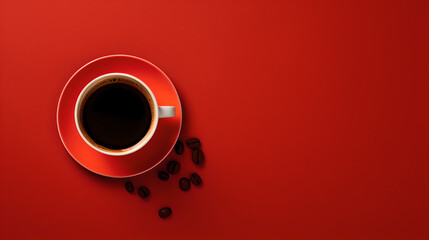 cafe break: top down view of red cup of coffee and beans on neat red background with place for text