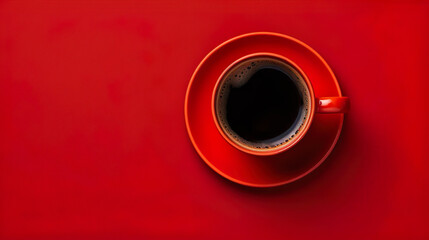 minimal coffee break wallpaper: top down view of black coffee in shining red coffee cup and saucer on red background