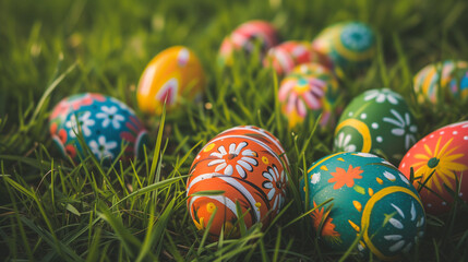 Fototapeta na wymiar Decorated and painted easter eggs laying in the grass. Eggs in field with colorful patterns. Peace, nature and easter theme.