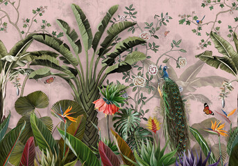 pattern wallpaper tropical plants with peacock background with trees plants and birds in a pink background
