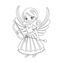 Cute cupid girl with bow and arrow, angel girl, cherub princess. Linear drawing for coloring book, sketch. Vector