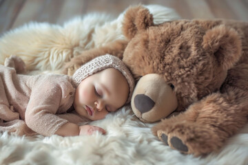 A baby in a beige outfit and headband sleeps next to a large teddy bear on a fluffy white blanket. innocence of childhood, suitable for themes of comfort and security.