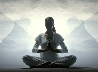 Woman sitting in lotus position in front of mountains.