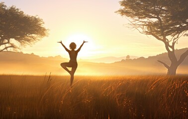 Person doing yoga in a field at sunset.