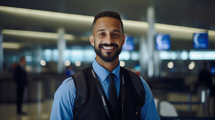 Handsome steward smiling and looking at the camera in an airport