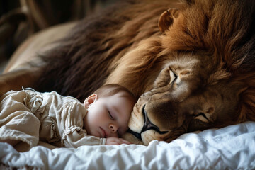  A baby in a beige onesie sleeps beside a lion, depicted in a soft-focus indoor setting. The imagery suggests a tranquil and surreal mood, ideal for concepts of peace and innocence.