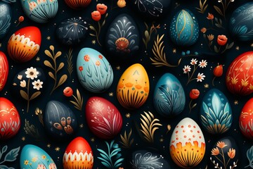 Fototapeta na wymiar A playful pattern with doodle style illustration of Easter eggs.