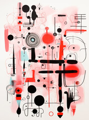 drawing with pink and red lines and shapes written on it