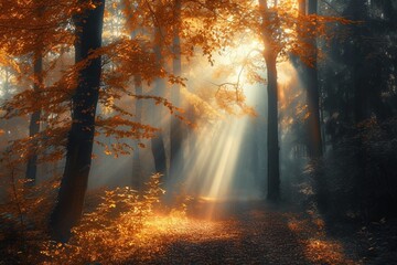Magical autumn scenery in a dreamy forest, with rays of sunlight beautifully illuminating the wafts of mist and painting stunning colors into the trees - obrazy, fototapety, plakaty