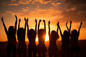 Silhouettes of many women with their hands raised up at sunset. Women's unity concept. Generated by artificial intelligence - obrazy, fototapety, plakaty