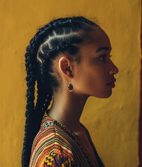Young beautiful black woman with braids hairstyle, profile view