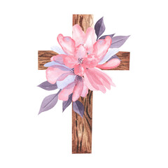 Watercolor cross with abstract pink flowers. Easter catholic religious symbol. Orthodox cross for church and holidays. Latin symbol of the saint and spring floral arrangement