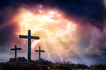 Resurrection - Crosses On Hill At Sunset - Abstract Glittering In The Sky And Vintage Colors Effects