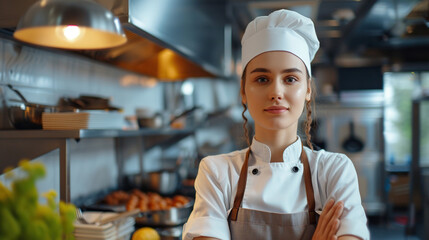 Female cook in a restaurant kitchen.	
