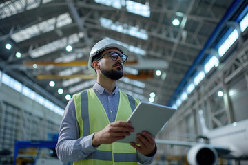 worker technician with tablet in hangar with airplane